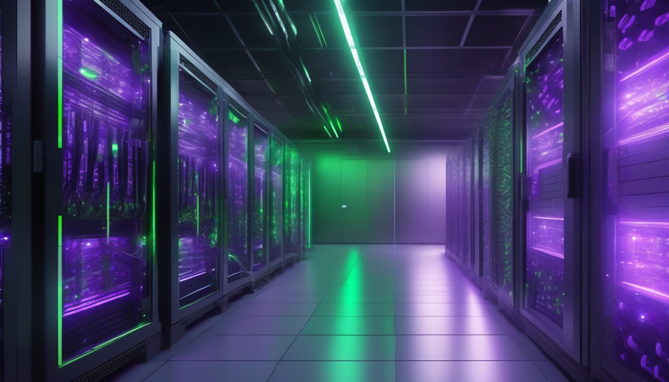 緑色に光るGPUサーバーラックと紫色に光る量子コンピュータの冷凍機がケーブルで接続されたハイブリッド計算基盤のデータセンター