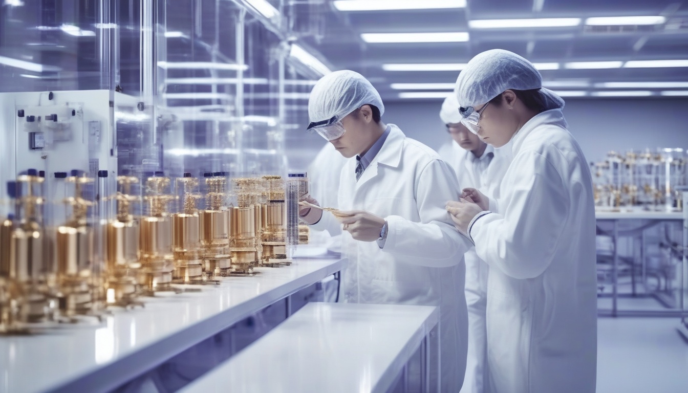 クリーンスーツを着た技術者が点検する極低温量子コンピュータが並ぶ研究施設