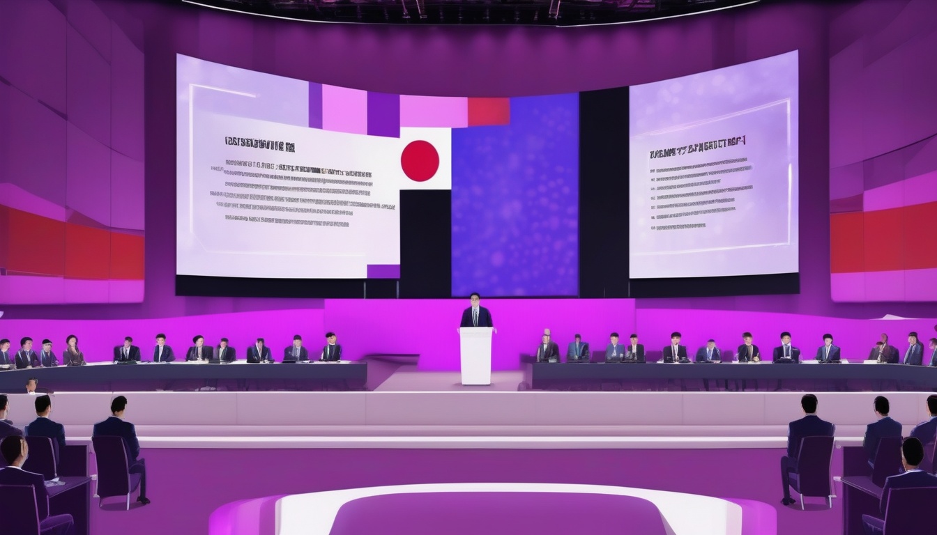 技術戦略ロードマップを映すスクリーンの前で行われる政策会議
